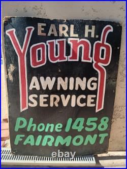 Vintage Earl H. Young Awning Service Hand Painted Folk Art Advertising Sign 1950