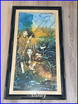 Vintage Early 1900s Japanese Fishing Painting LARGE Framed SIGNED
