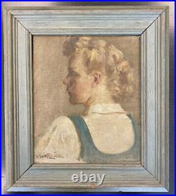Vintage Early 20th C Portrait Painting of Beautiful Young Woman Girl in Profile