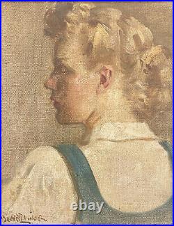 Vintage Early 20th C Portrait Painting of Beautiful Young Woman Girl in Profile