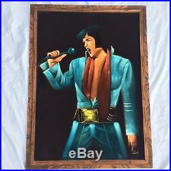 Vintage Elvis Presley Black Velvet Painting 28X37 Blue Jumpsuit Mexico