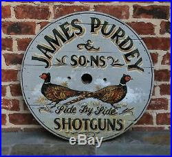 Vintage English Painted Wooden James Purdey Shotguns Pheasants Lodge Pub Sign