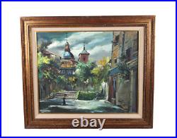 Vintage European Old Town Street Scene Oil Painting On Board Signed Illegible
