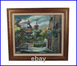 Vintage European Old Town Street Scene Oil Painting On Board Signed Illegible