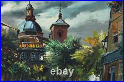 Vintage European Old Town Street Scene Oil Painting On Board Signed Illegible