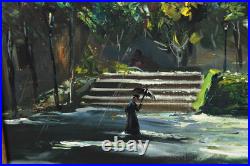 Vintage European Old Town Street Scene Oil Painting On Board Signed Illegible