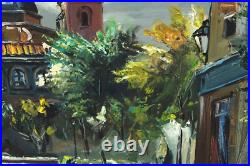 Vintage European Old Town Street Scene Oil Painting On Board Signed Illegible