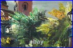 Vintage European Old Town Street Scene Oil Painting On Board Signed Illegible