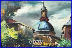 Vintage European Old Town Street Scene Oil Painting On Board Signed Illegible