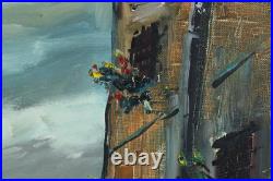Vintage European Old Town Street Scene Oil Painting On Board Signed Illegible