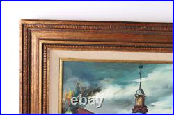 Vintage European Old Town Street Scene Oil Painting On Board Signed Illegible