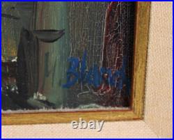 Vintage European Old Town Street Scene Oil Painting On Board Signed Illegible