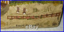 Vintage Eveline Roberge Listed Newport Rhode Island View Folk Art Painting Stool