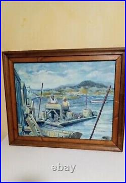 Vintage Everett Moore Original Seascape Signed Framed Oyster Men Oil On Board