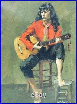Vintage FRENCH GIRL with GUITAR Original OIL PAINTING Signed L. O'TOOLE Paris'51