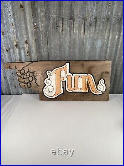 Vintage FUN Pointing Hand Wood Sign Double Side Painted Carnival