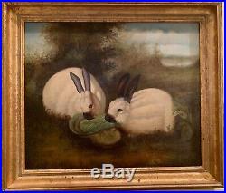 Vintage Farmhouse Two Himalayan Rabbits Painting By P. Rolence Framed 26 x 30