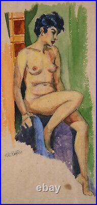 Vintage Fauvist Original Watercolor On Paper Nude Portrait Signed