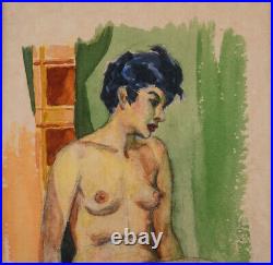 Vintage Fauvist Original Watercolor On Paper Nude Portrait Signed