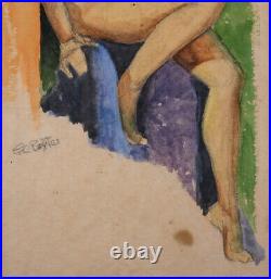 Vintage Fauvist Original Watercolor On Paper Nude Portrait Signed