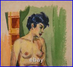 Vintage Fauvist Original Watercolor On Paper Nude Portrait Signed