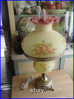 Vintage Fenton Burmese Gone With The Wind Lamp Uranium Glass Hand Painted Roses
