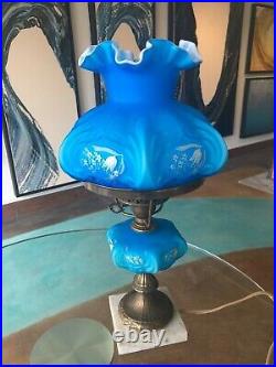 Vintage Fenton Opaque Blue Overlay Satin Tulip Hand Painted Student Lamp Overlay