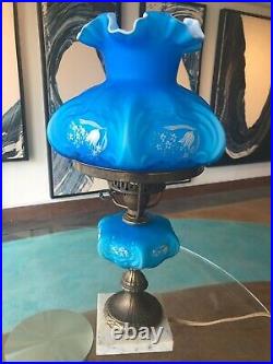 Vintage Fenton Opaque Blue Overlay Satin Tulip Hand Painted Student Lamp Overlay