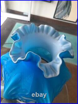 Vintage Fenton Opaque Blue Overlay Satin Tulip Hand Painted Student Lamp Overlay