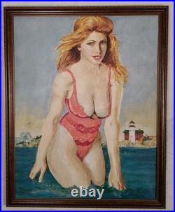 Vintage Figurative Oil Painting Sexy Pin-Up Style Woman 22×28 Signed MCM