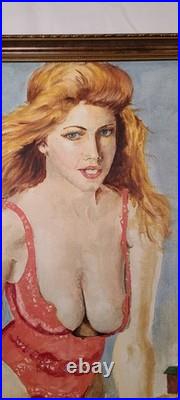 Vintage Figurative Oil Painting Sexy Pin-Up Style Woman 22×28 Signed MCM
