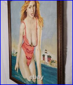 Vintage Figurative Oil Painting Sexy Pin-Up Style Woman 22×28 Signed MCM