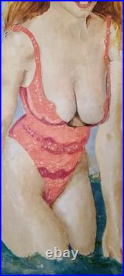 Vintage Figurative Oil Painting Sexy Pin-Up Style Woman 22×28 Signed MCM