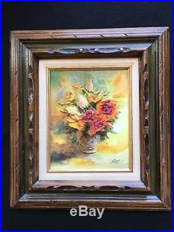 Vintage Floral Oil Painting Texture! On Canvas Carved Frame Signed Still Life