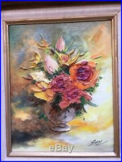 Vintage Floral Oil Painting Texture! On Canvas Carved Frame Signed Still Life