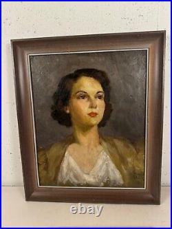 Vintage Florence Walsh Signed Oil on Board Portrait Painting of Woman