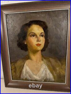 Vintage Florence Walsh Signed Oil on Board Portrait Painting of Woman