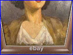 Vintage Florence Walsh Signed Oil on Board Portrait Painting of Woman