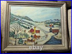 Vintage Folk Art American Primitive Scene Oil Painting Signed And Framed