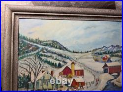 Vintage Folk Art American Primitive Scene Oil Painting Signed And Framed
