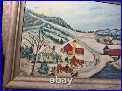 Vintage Folk Art American Primitive Scene Oil Painting Signed And Framed