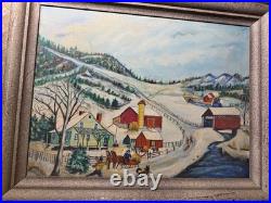 Vintage Folk Art American Primitive Scene Oil Painting Signed And Framed