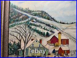 Vintage Folk Art American Primitive Scene Oil Painting Signed And Framed