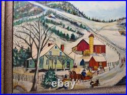 Vintage Folk Art American Primitive Scene Oil Painting Signed And Framed