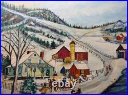 Vintage Folk Art American Primitive Scene Oil Painting Signed And Framed