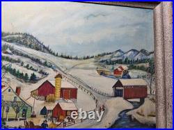 Vintage Folk Art American Primitive Scene Oil Painting Signed And Framed