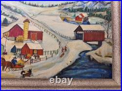 Vintage Folk Art American Primitive Scene Oil Painting Signed And Framed
