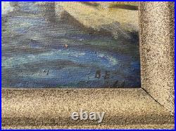 Vintage Folk Art American Primitive Scene Oil Painting Signed And Framed