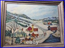 Vintage Folk Art American Primitive Scene Oil Painting Signed And Framed