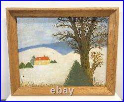 Vintage Folk Art Primitive Painting On Board Signed Framed